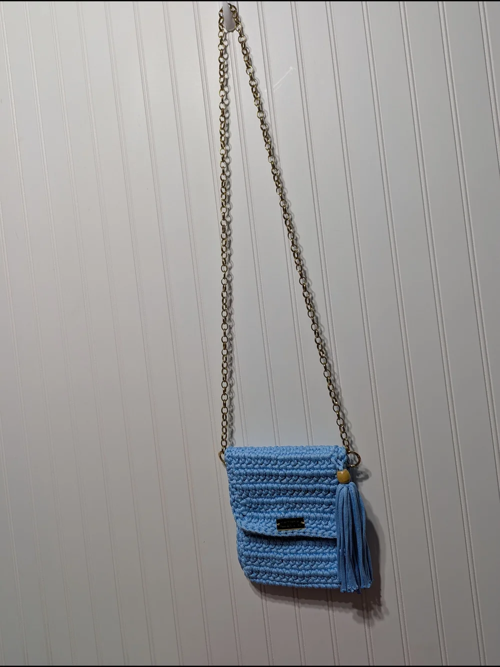 Handmade Light Blue Crochet Crossbody Bag with Tassel